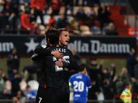 David Querol y Dejan Lekic celebran uno de los tantos del Reus ante el Lorca. LaLiga