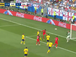 Dele Alli scores a header in England's World Cup quarter-final game v Sweden. BBC