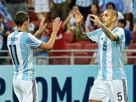 Di Maria célèbre le sixième but de l'Argentine. AFP