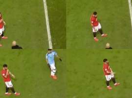 Bruno Fernandes protagonizou uma cena com Guardiola no derby. Twitter/FootballDaily