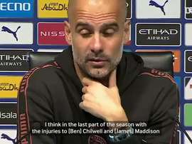 Pep talks about his options for the match. DUGOUT