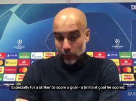 Guardiola was happy after Gabriel Jesus scored v Olympiakos. DUGOUT