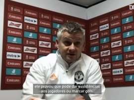 Ole Gunnar Solskjaer elogiou a atuação de Bruno Fernandes pela Copa da Inglaterra. DUGOUT