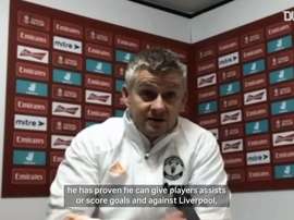 Ole Gunnar Solskjær speaks after the match. DUGOUT