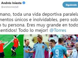 Le message d'Iniesta à Torres après l'annonce de sa retraite. Twitter/AndrésIniesta8