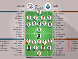Escalações - Manchester City e Porto - 1ª rodada Champions League - 21/10/2020. BeSoccer