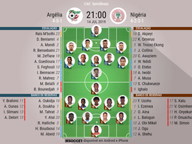 Escalações de Argélia e Nigéria para a partida semifinal da Copa da África 2019. BeSoccer