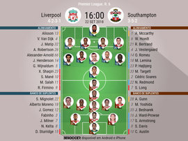 Escalações de Liverpool e Southampton pela 6ª rodada da Premier - 22/09/18. BeSoccer