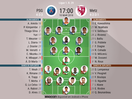 Escalações do PSG-Metz 10-03-18. BeSoccer