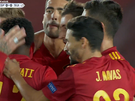 Spain pounced on a Swiss misstake for 1-0. Captura/TVE