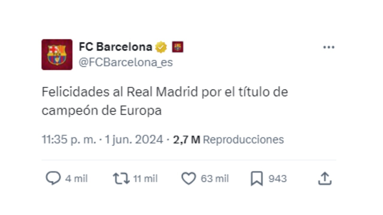 El Barça tiró de señorío y felicitó al Madrid por su nueva Champions