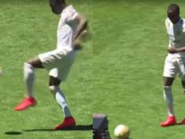 A dificuldade de Mendy nos primeiros toques no Bernabéu. Captura/RealMadridTV
