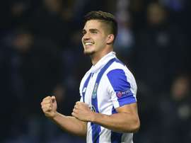 Andre Silva celebrates scoring against Leicester. Goal