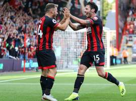 Ryan Fraser and Adam Smith celebrate against Leicester. GOAL