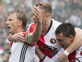 Dirk Kuyt célèbre son but en Ligue hollandaise entre Feyenoord et Heracles. AFP
