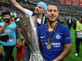 Eden Hazard with the Europa League trophy. GOAL