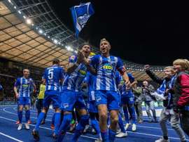 Hertha celebrate their victory over Bayern Munich. GOAL