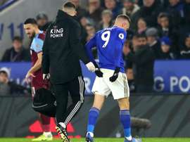 Jamie Vardy had to go off injured for Leicester just before the interval. GOAL