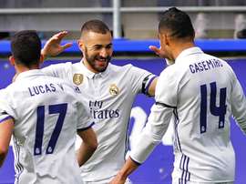 Karim Benzema, Casemiro et Lucas Vazquez dans un match de Liga contre Alaves. AFP