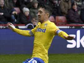 Pablo Hernandez celebrates putting Leeds top of the Championship. GOAL
