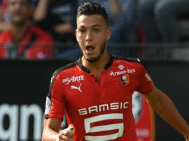 Ramy Bensebaini lors d'un match de Ligue 1 avec Rennes. Goal