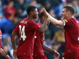 Rhian Brewster (2nd L) scored twice in Liverpool's 6-0 thrashing of Tranmere. GOAL