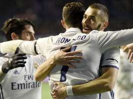 Ronaldo celebrating with Benzema and Isco. Goal