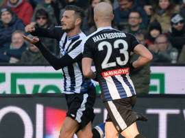 Cyril Thereau of Udinese celebrating. Goal