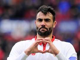 Vicente Iborra après avoir inscrit un but dans le match de Liga entre Osasuna et Séville. AFP
