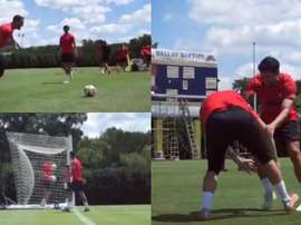 O remate de Oblak que surpreendeu os seus companheiros. Twitter/Atleti