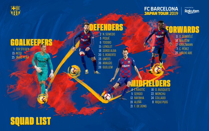 O Barcelona publicou a lista dos 26 jogadores escolhidos para viajar ao Japão. Twitter/FCBarcelona