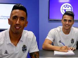 Dois reforços para Maradona: Lucas Barrios e Maxi Cuadra. Twitter/Gimnasiaoficial