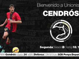 Cendrós llega procedente del Peña Deportiva. Twitter/UnionistasCF