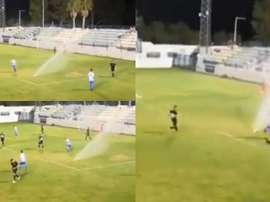 Los aspersores, protagonistas del Motril-Recreativo Granada. Captura/AficionCFMotril