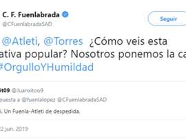 Un Fuenlabrada-Atleti pour les adieux à Torres. Twitter/CFuelanbradaSAD