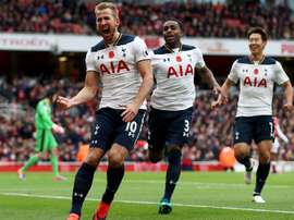 Kane celebrates scoring Spurs' equaliser. TottenhamHotspur