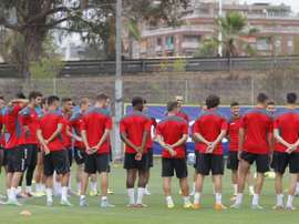 La plantilla del Espanyol en la sesión de entrenamiento de esta tarde. RCDEspanyol.