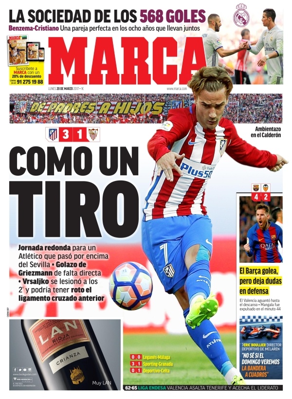 Les Unes des journaux sportifs en Espagne du 20 mars 2017 BeSoccer