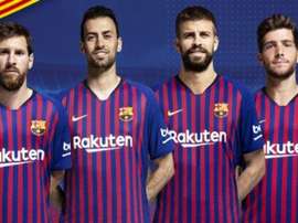 eo Messi, Sergio Busquets, Gerard Piqué e Sergi Roberto, 2017-18. FCBarcelona