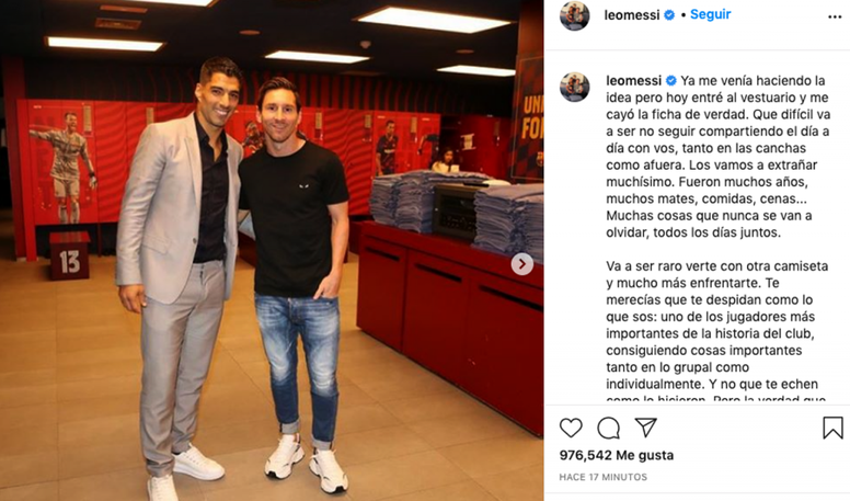 Messi criticou publicamente o modo como o Barcelona encaminhou a saída de Suárez. Instagram/leomessi