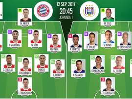 As escalações de Bayern Munique e Anderlecht, respetivamente, para esta partida da Champions. BS