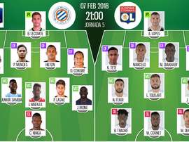 As escolhas iniciais de Montpellier e Lyon para este jogo. BeSoccer