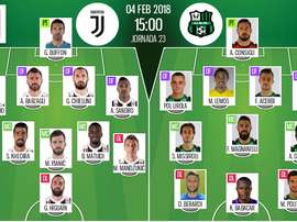 Os onzes de Juventus e Sassuolo para o desafio deste domingo. BeSoccer