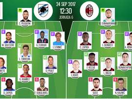 Onzes iniciais de Sampdoria e Milan, respetivamente. BeSoccer