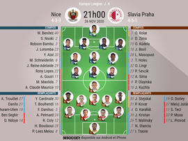 Les compositions officielles Nice - Slavia Prague. besoccer