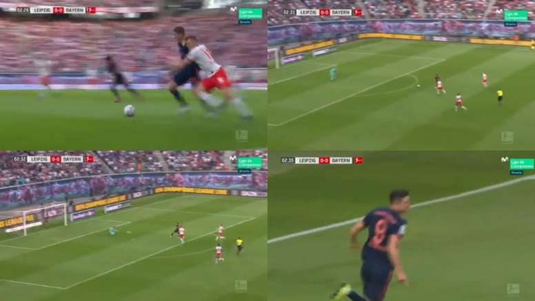 Lewandowski aprovechó un gran pase de Müller para adelantar al Bayern en Leipzig. Captura/Movistar+