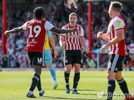 Lewis Macleod celebrates a goal against Rotherham. Twitter/BrentfordFC