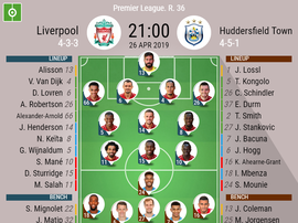Liverpool v Huddersfield, Premier League, Matchday 36, 26/04/2019, official lineups. BESOCCER.
