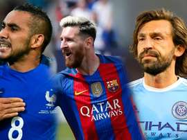 Los futbolistas Leo Messi, Dimitri Payet y Andrea Pirlo, tres de los mejores lanzadores de faltas según el FIFA17. BeSoccer