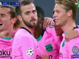 Barca players celebrate Dembele's goal. Screenshot/MovistarLigadeCampeones